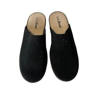 LL Bean Black Suede Flower/Star Laser Cut Slip On Mules Shoes 4